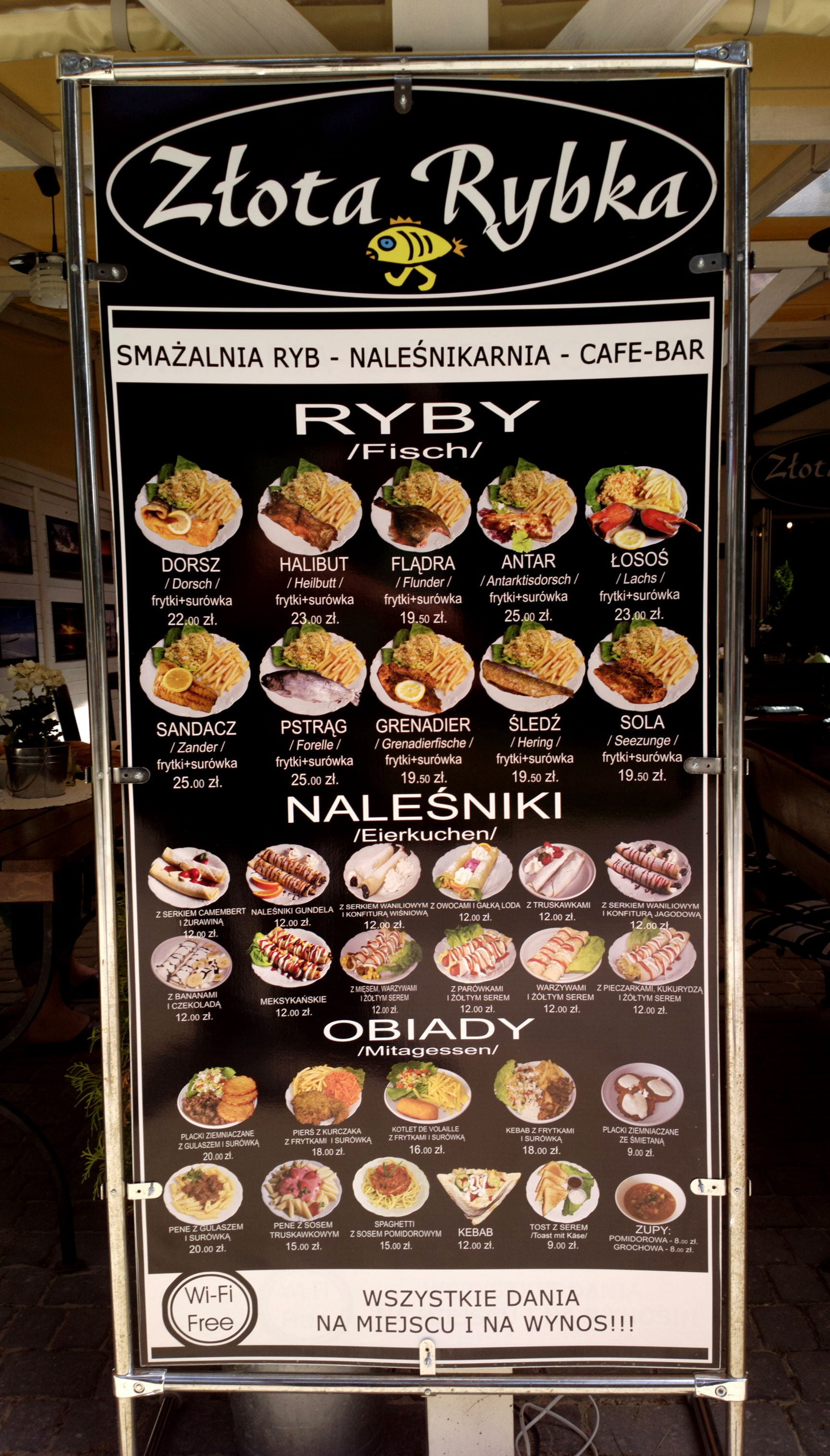 Very good poster for foreigners at a restaurant in Pogorzelica, because it shows how the food looks like.